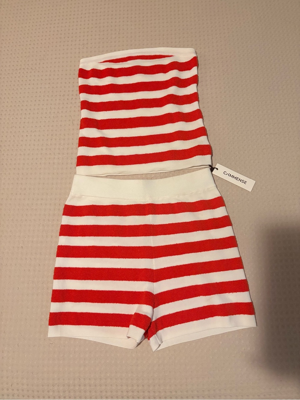 Commense Red and White Striped Knit Tube Top & Shorts Set